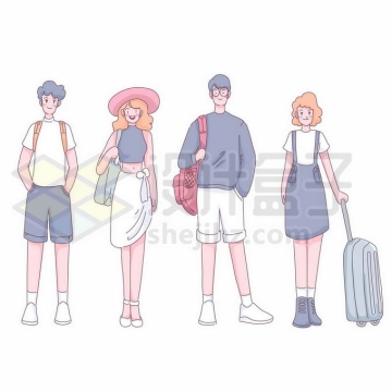 4个卡通年轻人休闲装行李准备出去旅游手绘插画2246862矢量图片免抠素材免费下载