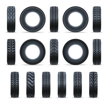 各种不同花纹的汽车轮胎正面与侧面图png图片免抠矢量素材