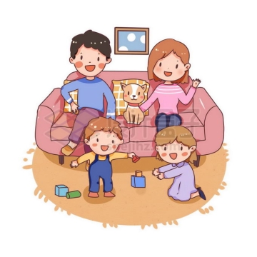 卡通一家四口二胎家庭和宠物狗合影幸福之家插画8548317免抠图片素材