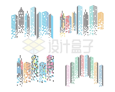4款彩色方块组成的点阵城市高楼大厦天际线8043112矢量图片免抠素材