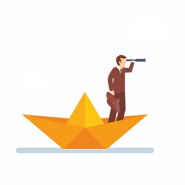 站在橙色折纸船上用望远镜的商务人士png图片免抠矢量素材