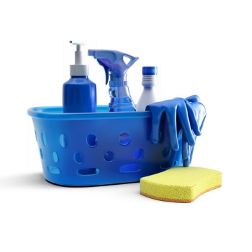 蓝色塑料篮子中的洗涤剂清洁剂和橡胶手套以及海绵百洁布海绵擦948977png图片素材