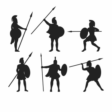 6款拿着长矛和盾牌战斗的古罗马战士角斗士剪影png图片免抠矢量素材