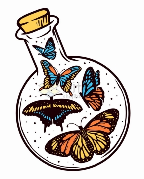 透明玻璃瓶中的蝴蝶抽象手绘插画png图片免抠矢量素材