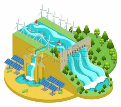 2.5D风格水力发电站和风力太阳能发电厂绿色能源1768744矢量图片免抠素材