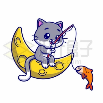 卡通猫咪坐在弯月上钓鱼2508292矢量图片免抠素材