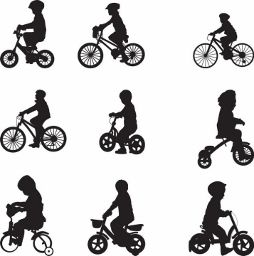 9款正在骑单车自行车的孩子儿童剪影png图片免抠矢量素材
