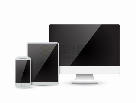 黑色镜面屏幕的电脑显示器平板和手机排列在一起png图片免抠矢量素材