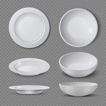 两款白瓷盘子和白瓷碗瓷器餐具三视图图片免抠素材