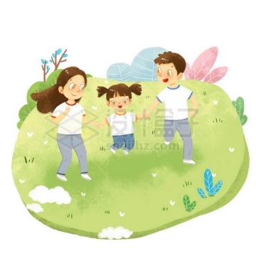 草地上玩耍的卡通一家三口幸福之家插画8960915免抠图片素材