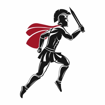 手持利剑正在奔跑的黑色披着红色披肩的古罗马战士角斗士png图片免抠矢量素材