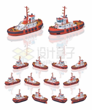 不同角度的3D立体红色拖船救援船7436757矢量图片免抠素材