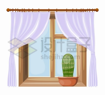 卡通风格拉开的淡紫色窗帘和放着仙人掌的窗户png图片免抠矢量素材