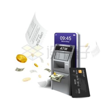 3D风格手机上的ATM取款机象征了手机银行4483592矢量图片免抠素材