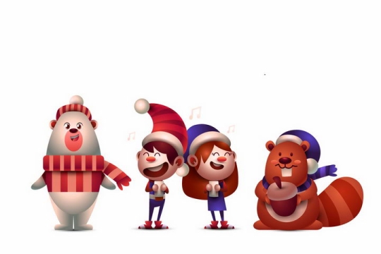戴着围巾圣诞帽的卡通北极熊松鼠和唱歌的男孩女孩png图片免抠矢量素材