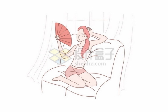 炎热的夏天坐在沙发上扇扇子纳凉的女孩手绘插画374578矢量图片免抠素材