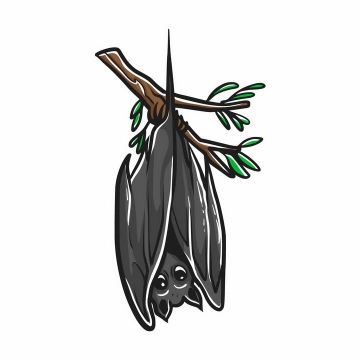 手绘风格倒挂在枝头上的卡通蝙蝠png图片免抠矢量素材