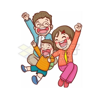 兴奋得跳起来的卡通一家三口幸福之家插画7374180免抠图片素材