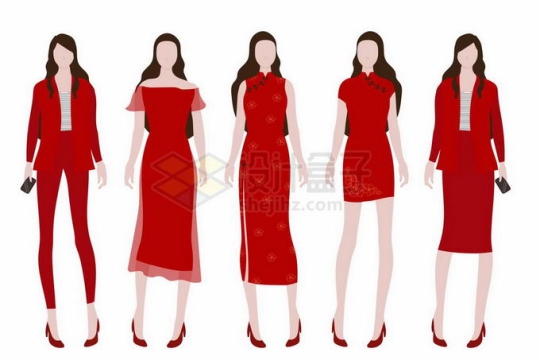 5款红色西装连衣裙旗袍短裙的女人9467262矢量图片免抠素材