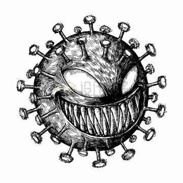 露出邪恶表情的新型冠状病毒手绘素描插画png图片素材