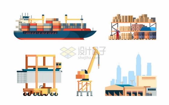 大型集装箱货轮和货架码头起重机等物流运输行业png图片素材