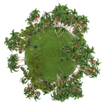 鱼眼效果草地上的椰子树林风景微型星球3D模型4444395PSD免抠图片素材