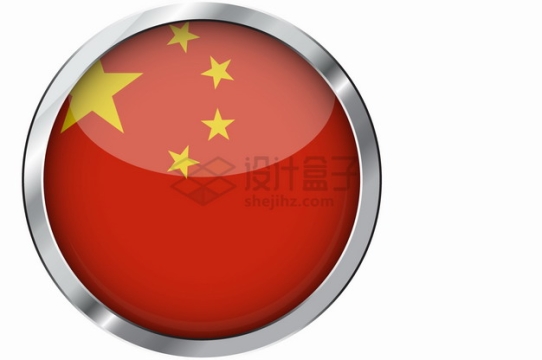 银色金属光泽边框和中国国旗五星红旗图案圆形水晶按钮png图片素材