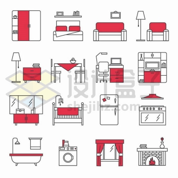 16款黑色线条红色配色橱柜大床沙发等家具png图片免抠矢量素材