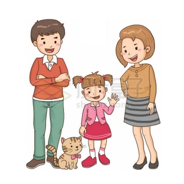 开心的卡通一家三口和宠物猫合影幸福之家1283319免抠图片素材