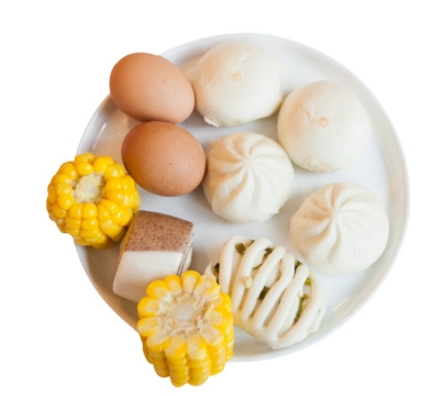 水煮鸡蛋包子馒头花卷玉米等美味营养早餐png图片素材
