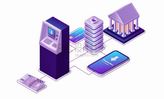 3D风格ATM机手机服务器银行卡和银行连接象征了移动支付技术png图片免抠矢量素材