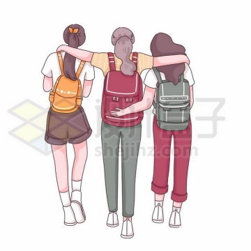 三个勾肩搭背走路的闺蜜好朋友背影手绘插画8798046矢量图片免抠素材免费下载