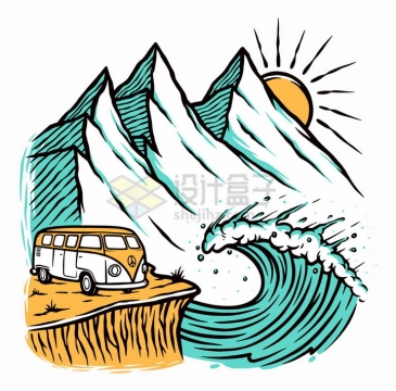 旅游车和高山海浪太阳风景手绘插画png图片免抠矢量素材