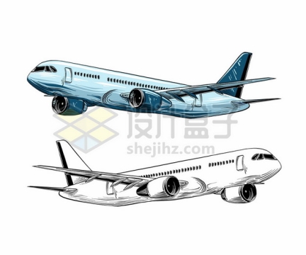 手绘风格蓝色和白色大型客机飞机4607577矢量图片免抠素材