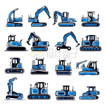 16款手绘风格蓝色挖掘机推土机等工程机械9082056矢量图片免抠素材