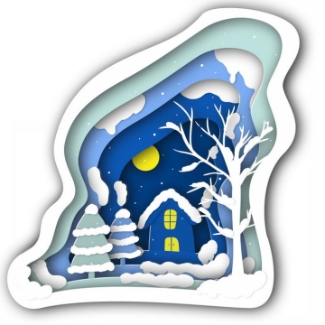 剪纸叠加风格冬天的大树房子雪景9651933免抠图片素材