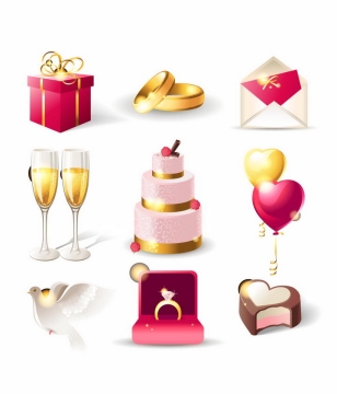 各种结婚礼物戒指请柬香槟蛋糕气球和平鸽戒指盒等婚礼用品png图片免抠矢量素材