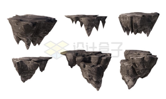 6款逼真的暗色岩石悬空岛悬浮岛风景4738625PSD免抠图片素材