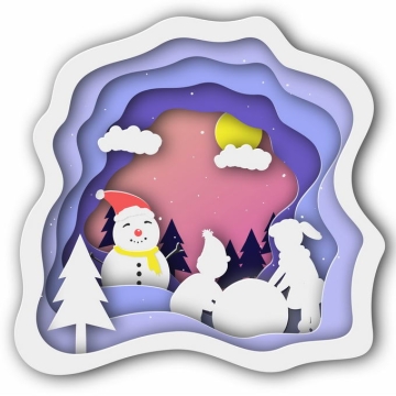 剪纸叠加风格冬天的雪人和大树雪景2702111免抠图片素材
