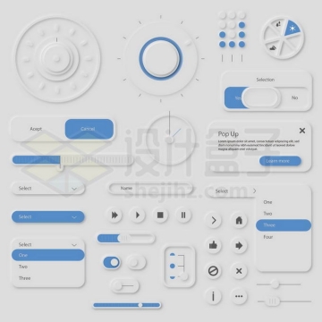 各种3D立体灰色蓝色风格播放器软件UI设计控制按钮设计5306427矢量图片免抠素材免费下载