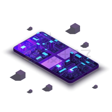 2.5D风格蓝紫色科幻手机上的城市模型8668179矢量图片免抠素材