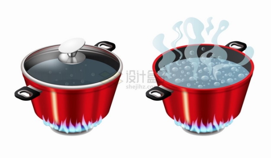 红色的汤锅在煤气灶上烧水开水厨房用具png图片素材