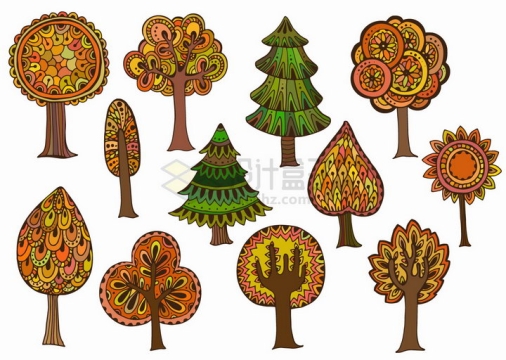 彩色树木抽象图案纹理部落民族图腾插画png图片免抠矢量素材