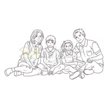 坐在地上的一家四口二胎家庭一家人手绘线条插画9035398免抠图片素材