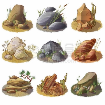 9款草丛中的大石头石块手绘插画4832620矢量图片免抠素材