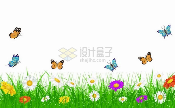 春天草丛里的彩色雏菊花朵以及飞来飞去的蝴蝶png图片免抠矢量素材