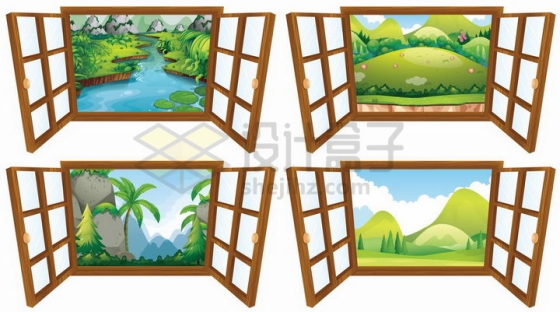 4款打开的卡通窗户和外面的风景png图片免抠矢量素材