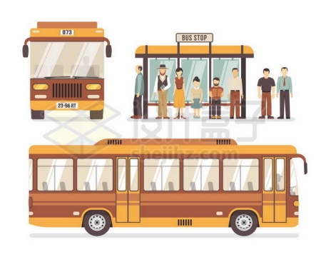 黄褐色的公交车和公交站台上等待的乘客5844037矢量图片免抠素材免费下载