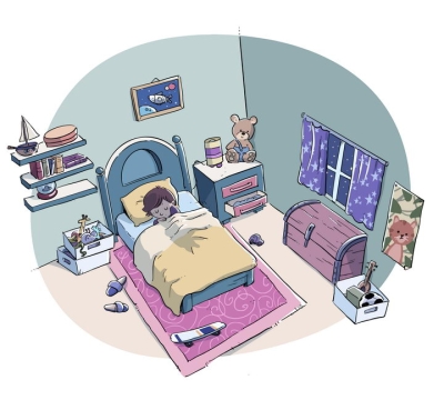 手绘卡通插画风格晚上正在睡觉的孩子的房间图片免抠矢量图