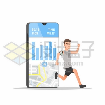 卡通男人用手机计步APP辅助跑步运动477732png矢量图片素材